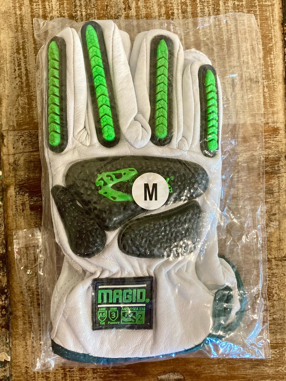 1 Pair Magid T-Rex Green & Grey Lined Leather Safety Work Gloves Size Medium